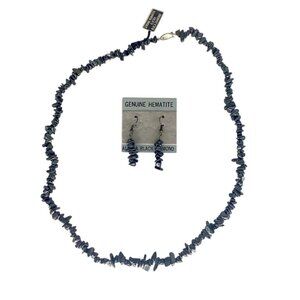 Vintage Alaska Black Diamond Genuine Hematite Necklace 24in Earrings Set